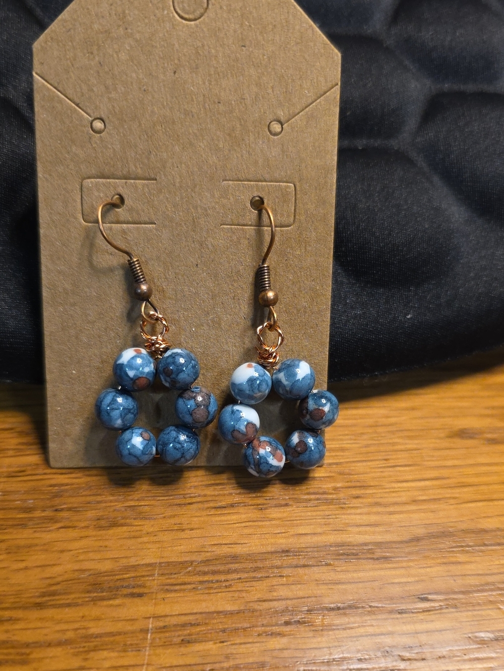 Blue Stone Hoop Drop Earrings On Copper